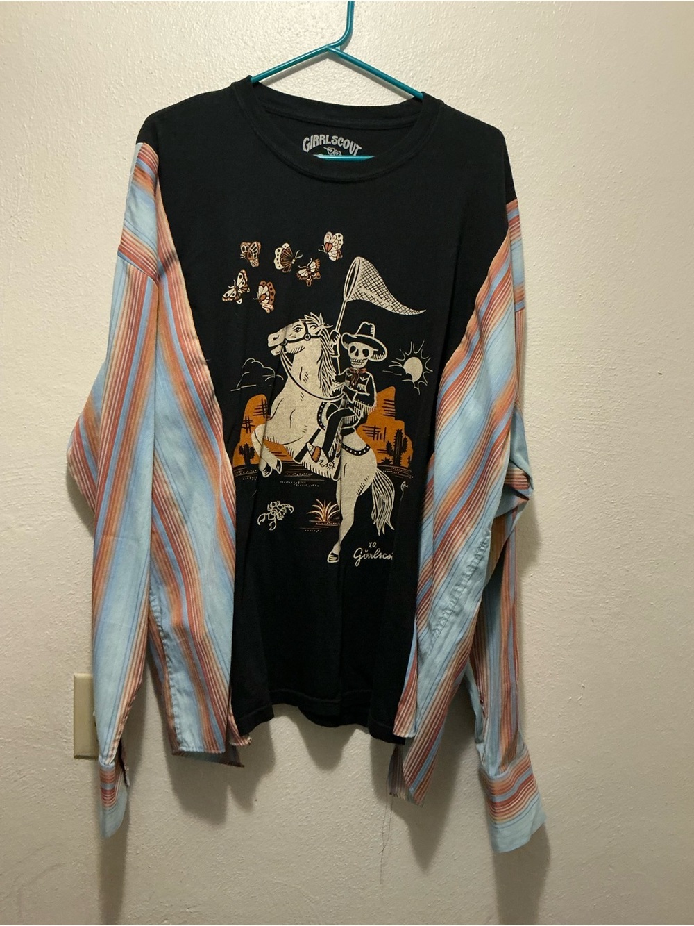 Upcycled Skull Cowboy Horse Girlscout Tee Women’s Plus Size Striped Sleeves
